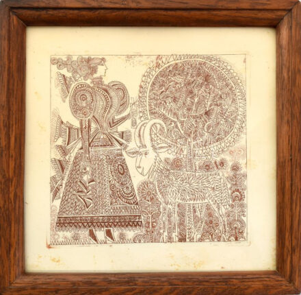 Kass János (1927-2010): Alakok magyar népviseletben, rézkarc, papír, jelzés nélkül, minimális foltokkal, üvegezett fakeretben. 15×14,5 cm