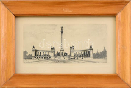 Jelzés nélkül: Budapest, Hősök tere. Rézkarc, papír, üvegezett fa keretben, 7×13 cm