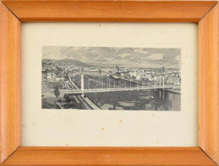 Jelzés nélkül: Budapesti panoráma az Erzsébet híddal. Rézkarc, papír, üvegezett fa keretben, lap széle kissé foltos, 8×16 cm