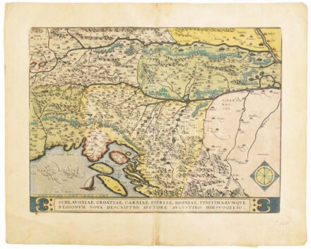 Schlavoniae, Croatiae, Carniae, Istriae, Bosniae, finitimarumque regionum nova descriptio. Augustin Hirschvogel (1503-1553.) Színezett fametszetű térkép. Ortelius, Abraham (1527-1598.) Antwerpen. A térképen ábrázolt rész magába foglalja a