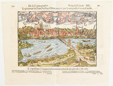 Franckfurt an der Oder, Anno Dni 1548. Frankfurt színezett fametszetű látképe. Basel. 1580 Sebastian Münster 290x202 mm Lapméret 380x305 mm Francia nyelvű szöveggel / Woodplate view of Frankfurt an der Oder. Hand colored.