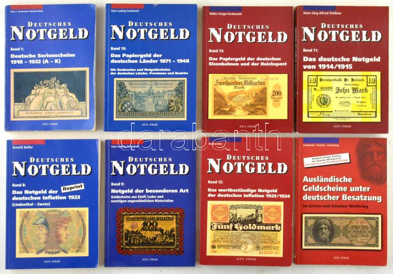 14db-os, a német kiadású szükségpénzeket tartalmazó sorozat kötetei, közte: Deutsches Notgeld Band 1-13 : 'Deutsche Serienscheine 1918-1922 (A-K), (L-Z); Das deutsche Großnotgeld 1918-1921; Die Notgeldscheine der deutschen Inflation von