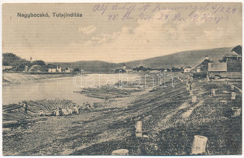 1915 Nagybocskó, Velikij Bicskiv, Velykyy Bychkiv (Máramaros, Maramures); tutajindítás. Berger Miksa utóda kiadása / raft launch