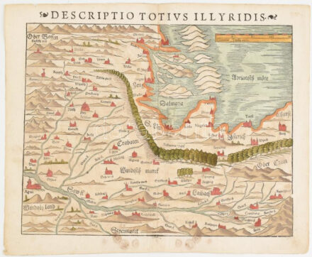 Descriptio Totius Illyridis. Illiria színezett fametszetű térképe. Megjelent Sebastian Münster: Cosmographia, Basel, 1572. képet nem érintő folttal A lap verzóján latin nyelvű szöveg Képméret: 340X250 mm Lapméret: 395x300 mm / Hand