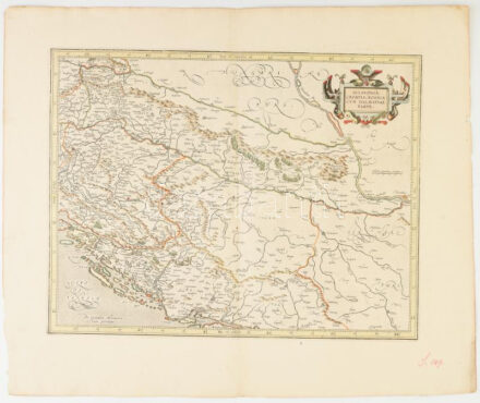 Sclavonia, Croatia, Bosnia cum Dalmatia parte. Per Gerardum Mercatorem. Színezett rézmetszetű térkép. cca 1590 460x360 mm Hátoldalán latin nyelvű szöveggel. / hand colred copper plate map of Slavonia, Dalmatia, Bosnia, Croatia.