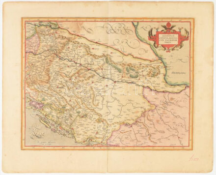 Sclavonia, Croatia, Bosnia cum Dalmatia parte. Per Gerardum Mercatorem. Színezett rézmetszetű térkép. cca 1590 460x360 mm Hátoldalán latin nyelvű szöveggel. Kis beszakadással / hand colred copper plate map of Slavonia, Dalmatia, Bosnia,