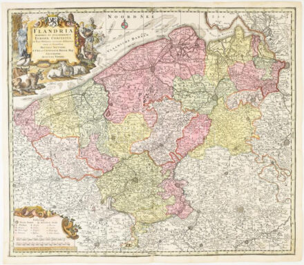 Flandria maximus et pulcherrimus Europae... Seutter, George Matthaeus (1678 - 1757), 1734. Színezett rézmetszetű térkép. / Colored copper plate map. 580 x 495 mm