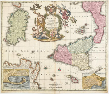Siciliae regnum cum adjacente insulas Sardnia et maxima parts Regni Neapolitani... Seutter, George Matthaeus (1678 - 1757), 1734. Szicilia, Sardinia és a Nápolyi királyság színezett rézmetszetű térképe. / Colored copper plate map. 570 x