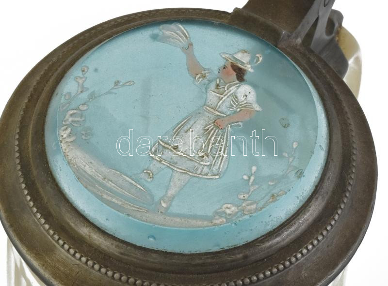 Antik üveg korsó, üvegbetétes ón fedővel, korának megfelelő sérülésekkel, m: 20 cm - Image 2