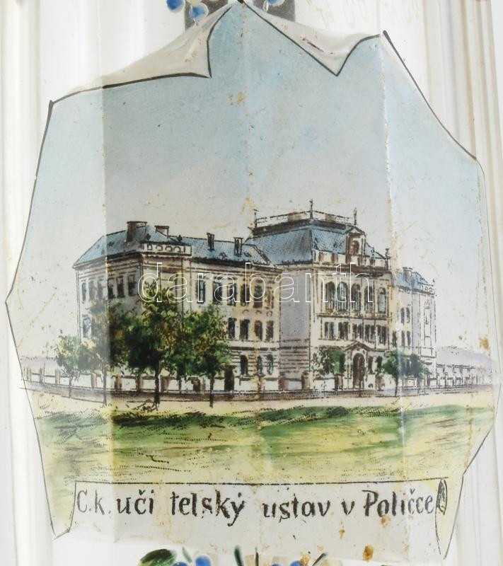 Antik üveg korsó, üvegbetétes ón fedővel, korának megfelelő kopásokkal, m: 23 cm - Image 2