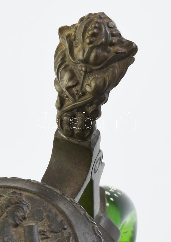 Antik zöld üveg korsó, kézzel festett, ón fedővel, kopott, m: 21 cm - Image 3