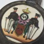 Antik üveg korsó, porcelánbetétes ón fedővel, kopásokkal, m: 18 cm - Image 2