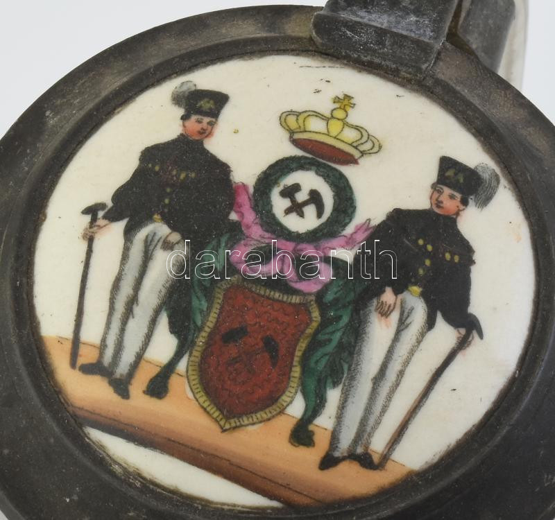 Antik üveg korsó, porcelánbetétes ón fedővel, kopásokkal, m: 18 cm - Image 2
