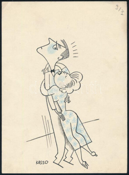 Kassowitz Félix (1907-1983): Szerelmespár (karikatúra). Tus, ceruza, papír, jelezve balra lent, 21x16 cm