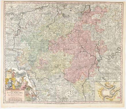 Ducatus Luxemburg discintis limitibur... Seutter, George Matthaeus (1678 - 1757), cca 1740. Luxemburg színezett rézmetszetű térképe. / Colored copper plate map of Luxemburg. 495x580 mm