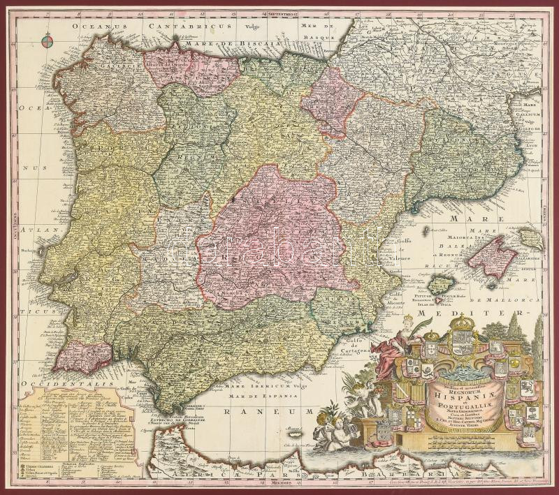 Novissima et accuratissima Hispaniae et Portugalliae.. Seutter, George Matthaeus (1678 - 1757), cca 1740. színezett rézmetszetű térkép. Paszpartuban / Colored copper plate map of Portugal and Spain in paspartu. 550x490 mm - Image 2
