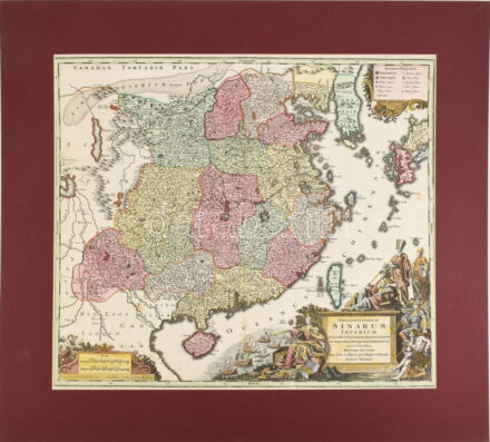 Opulentissimum Sinarum Imperium... Seutter, George Matthaeus (1678 - 1757), cca 1740. A Kínai birodalom színezett rézmetszetű térkép. Paszpartuban / Colored copper plate map of the Sina peninsula in paspartu. 550x490 mm / Map of the Chinese