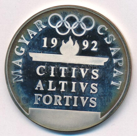 1990. 'Magyar Csapat 1992 - CITIVS, ALTIVS, FORTIVS' jelzetlen olimpiai Ag emlékérem. Szign.: Papp László (31,5g/0,925/42,5mm) T:AU (eredetileg PP) patina, ujjlenyomat Hungary 1990. 'Hungarian Team 1992 - CITIVS, ALTIVS, FORTIVS' unmarked Ag