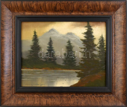 Szepesi Kuszka Jenő (1885-1948): Tátrai táj. Olaj, karton, jelezve balra lent. Hátoldalán Magyar Nemzeti Galéria kiviteli bélyegzővel. Dekoratív fakeretben, 20x27 cm / Jenő Szepesi Kuszka (1885-1948): Tatra (Tatry). Oil on board, signed