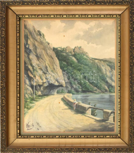 Kéri jelzéssel: Erdélyi táj menyecskével. Akvarell, papír, hátoldalán román kiviteli bélyegzővel. Dekoratív, üvegezett fakeretben, 28×22 cm.