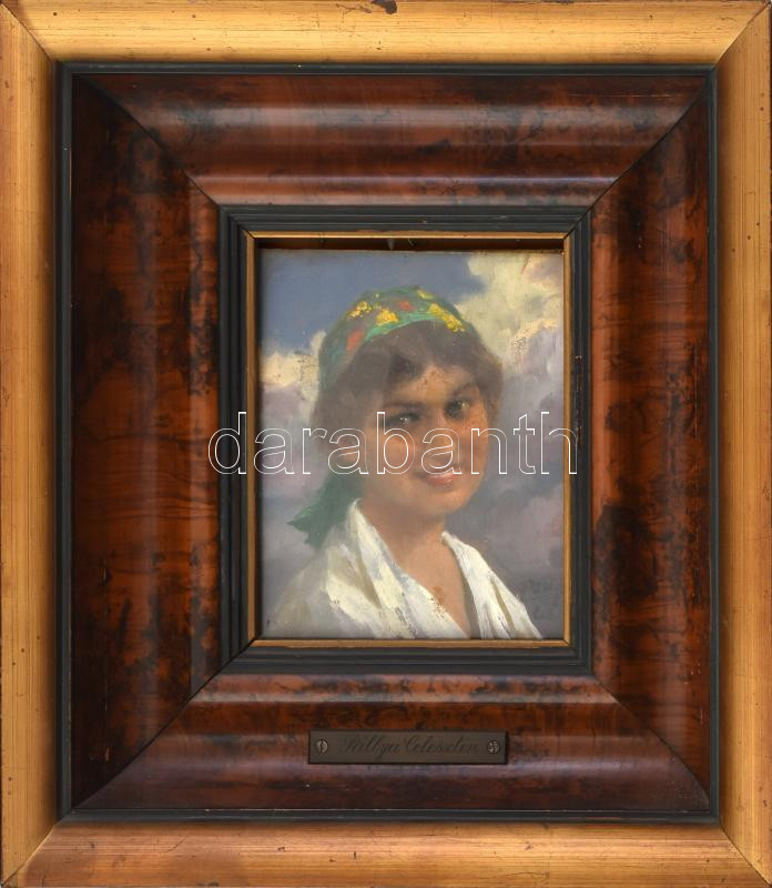 Pállya Celesztin (1864-1948): Női portré. Olaj, falemez, jelzett. Dekoratív, üvegezett fakeretben, 15×12 cm
