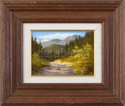 Hosszú Lajos (1944-): Erdei patak. Olaj, farost, jelzett. Hátoldalán Balaton Galéria címkéjével. Dekoratív fakeretben, 18x13 cm