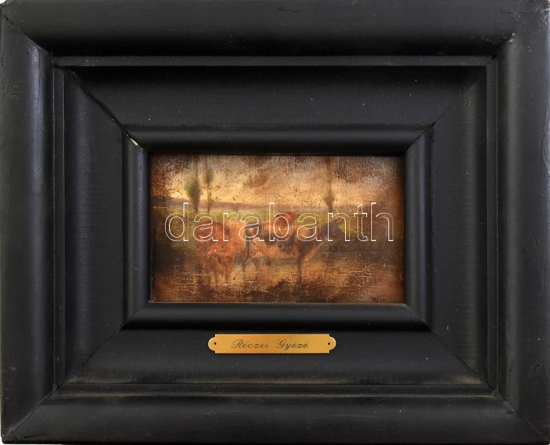 Réczei Győző (1870-?): Tehenek. Olaj, fa, jelezve jobbra lent, 8,5x14 cm, dekoratív fakeretben