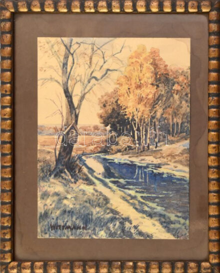 Wittmann jelzéssel: Patak mentén. Akvarell, papír. 24x18 cm. Dekoratív, üvegezett fakeretben