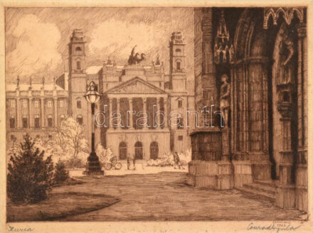 Conrad Gyula (1877-1959): Kuria (Budapest, Kossuth tér). Rézkarc, papír, jelzett, üvegezett fakeretben, 14×19 cm