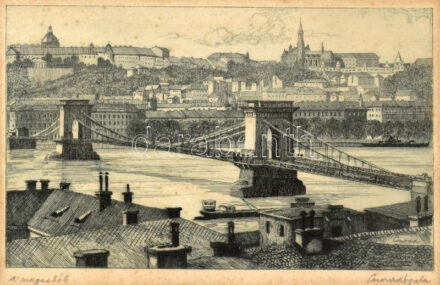 Conrad Gyula (1877-1959): Magasból (Budapest, Lánchíd). Rézkarc, papír, jelzett, kissé foltos, üvegezett fakeretben, 13×21 cm
