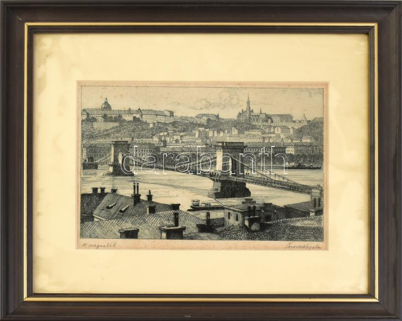 Conrad Gyula (1877-1959): Magasból (Budapest, Lánchíd). Rézkarc, papír, jelzett, kissé foltos, üvegezett fakeretben, 13×21 cm - Image 2