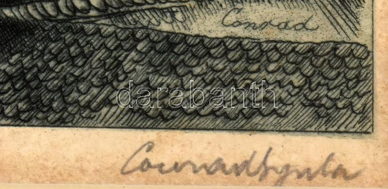 Conrad Gyula (1877-1959): Magasból (Budapest, Lánchíd). Rézkarc, papír, jelzett, kissé foltos, üvegezett fakeretben, 13×21 cm - Image 3