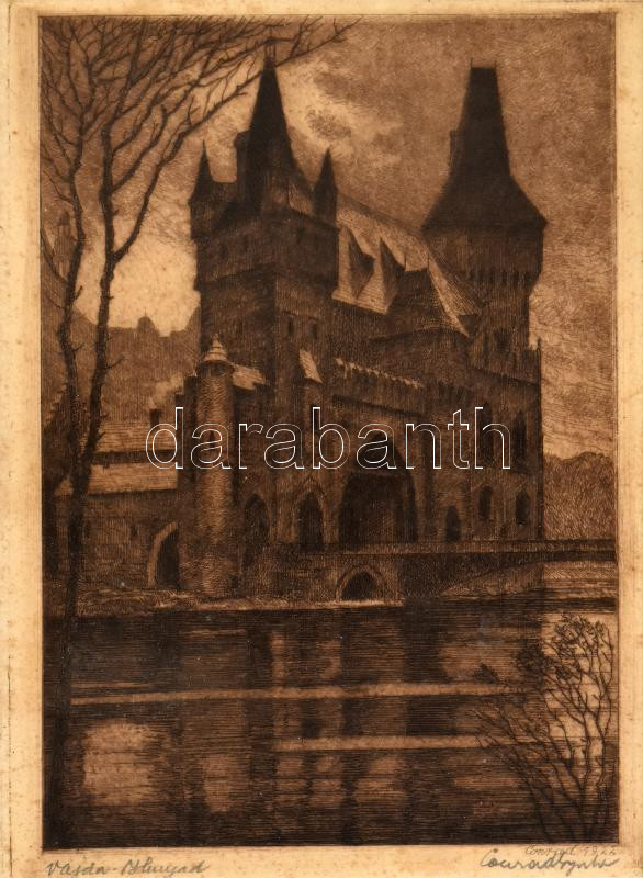 Conrad Gyula (1877-1959): Vajdahunyad vára, rézkarc, papír, jelzett, kissé foltos, üvegezett fakeretben, 19,5×13,5 cm