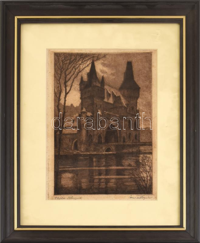 Conrad Gyula (1877-1959): Vajdahunyad vára, rézkarc, papír, jelzett, kissé foltos, üvegezett fakeretben, 19,5×13,5 cm - Image 2