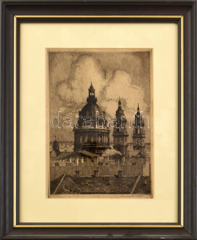 Conrad Gyula (1877-1959): Budapest, bazilika. Rézkarc, papír, jelzett, kissé foltos, üvegezett fakeretben, 19,5×14 cm - Image 2