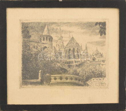 BKGY jelzéssel: Budapest, halászbástya. Rézkarc, papír, jelzett, kartonra kasírozva, 6x8 cm
