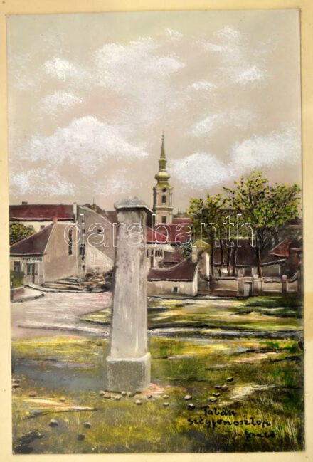 Szabó jelzéssel: Tabán, Szégyenoszlop. Színezett fotó. 13,5x9 cm. Üvegezett fakeretben.