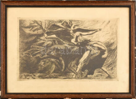 Olvashatatlan jelzéssel: Expresszionista jelenet. Hidegtű, papír. 22x35 cm. Üvegezett, sérült fakeretben.