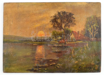 Olvashatatlan jelzéssel: Naplemente. Olaj, fa kopásokkal, 13,5x18,5 cm