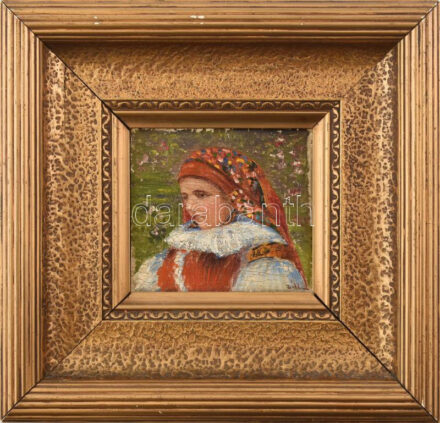 DHI jelzéssel: Szlovák népviseletes olaj, farost. Dekoratív keretben 13x13 cm