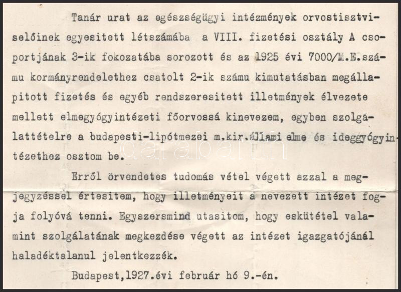 1927 dr. Nyírő Gyula (18951966) orvos, elme-ideggyógyász, egyetemi tanár, az orvostudományok kandidátusa. kinevezés elmegyógyintézeti főorvossá Vass József munkaügyi miniszter aláírással - Image 3
