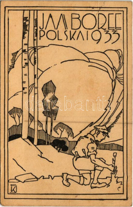 1933 Jamboree. Polska Zaglebie Dabrowskie / Polish scout art postcard, Dabrowa Basin / Ez a lengyelországi dabrowa-gorniczai első csoport nyomdájában készült. Gödöllő dn. 2 VIII 1933. (Rb)