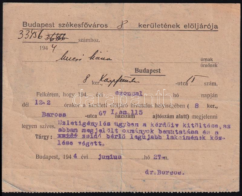 1944 Zsidó bérlő üzletigényével kapcsolatos hivatalos nyomtatvány