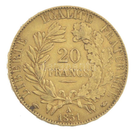 Franciaország / Második Köztársaság 1851A 20Fr Au (6,42g/0.900) T:XF,VF / France / Second Republic 1851A 20 Francs Au (6,42g/0.900) C:XF,VF Krause KM#762