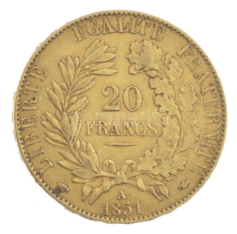 Franciaország / Második Köztársaság 1851A 20Fr Au (6,42g/0.900) T:XF,VF / France / Second Republic 1851A 20 Francs Au (6,42g/0.900) C:XF,VF Krause KM#762