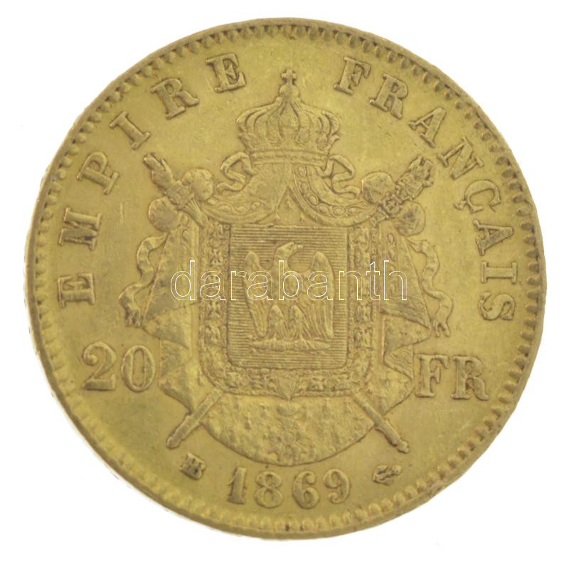 Franciaország / Második Császárság 1869BB 20Fr Au 'III. Napóleon' Strasbourg (6,46g/0.900) T:AU / France / Second Empire 1869BB 20 Francs Au 'Napoleon III' Strasbourg (6,46g/0.900) C:AU Krause KM# 801.2