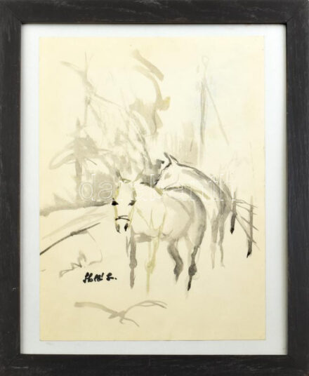 Holló L jelzéssel: Lovak. Akvarell, papír, 38x28cm