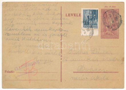 1943 Fischer Dénes zsidó KMSZ (közérdekű munkaszolgálatos) tábori posta a IV. munkás zászlóalj mohácsi munkatáborból édesapjának. Judaika / WWII Letter from a Jewish labor serviceman to his father from the labor camp of Mohács.