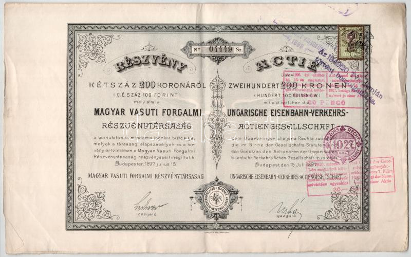 Budapest 1897. 'Magyar Vasuti Forgalmi Részvénytársaság' részvénye 200K-ról, szelvényekkel, bélyegzésekkel, osztrák okmánybélyeggel T:F szakadás / Hungary / Budapest 1897. 'Hungarian Railway Trading Share Company' share about 200