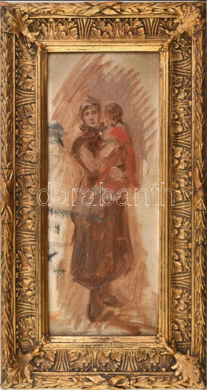 Bruck Lajos (1846 - 1910): Anya gyermekével. Olaj, vászon-karton, hátoldalon 'Bruck Lajos hagyatéka' raglappal és árverési számmal, 30x13 cm / oil on canvas, mounted on board, with the painter's estate label on the reverse